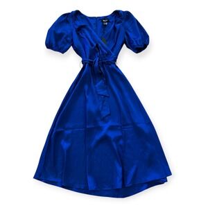 DKNY Royal Blue Satin Midi Dress Short Puff Sleeve Wrap V-Neck Size 4 NWT